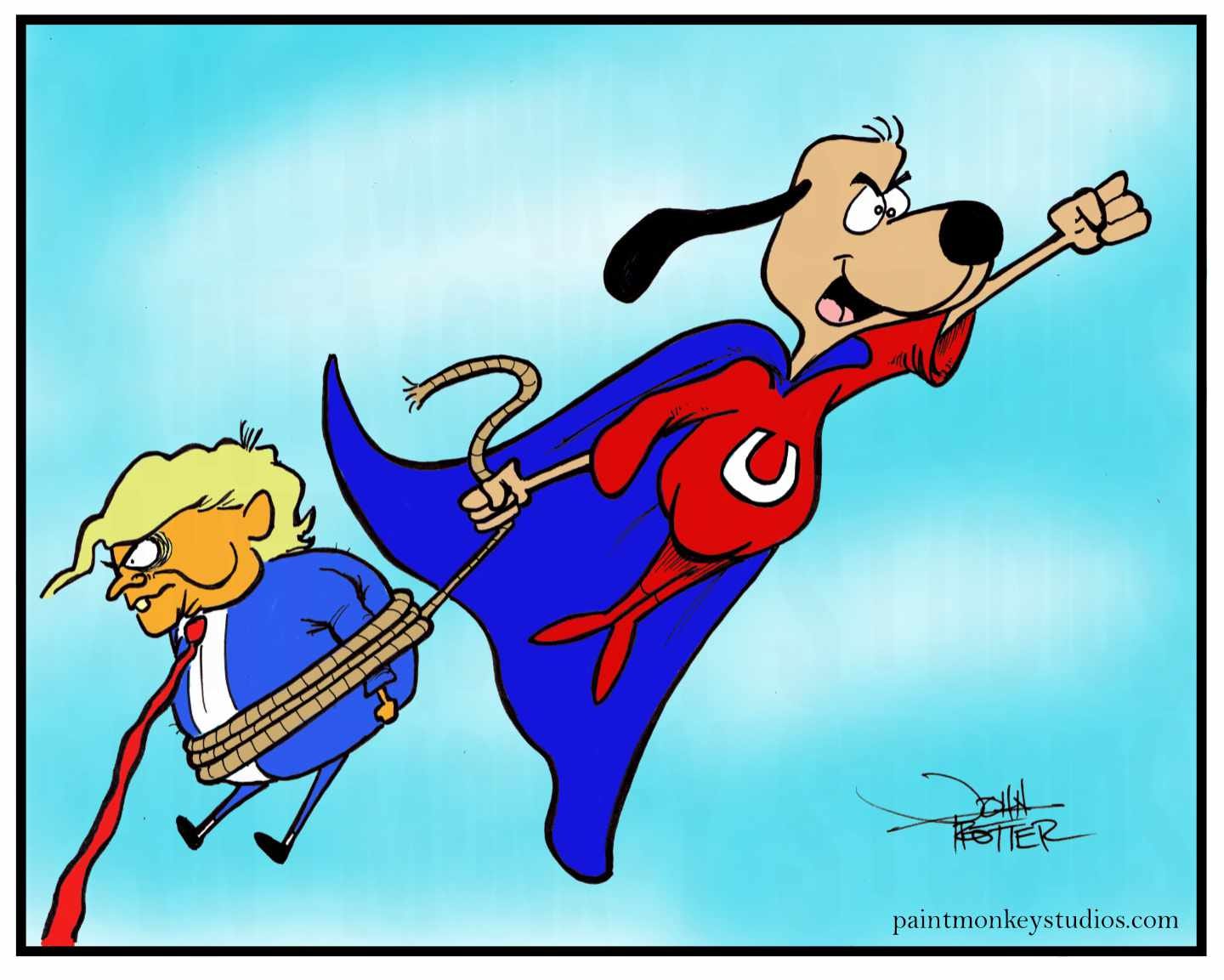 Ink and digital cartoon of Underdog flying with a familiar looking person tied up.