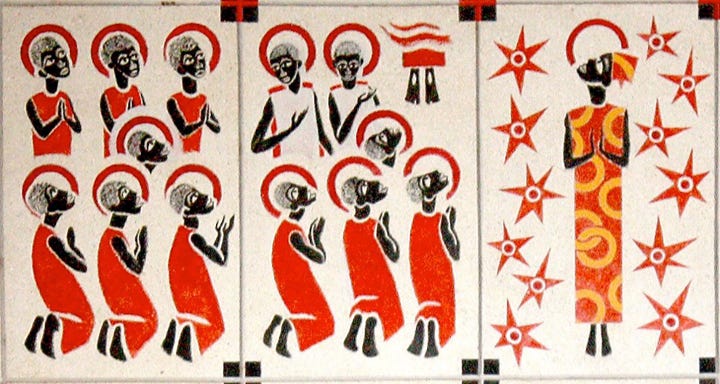 This mural of the Ascension shows Jesus vanishing: two feet with the nail marks are in the upper middle of the frame as black people in red and white robes look on; a figure on the right stands among stars.