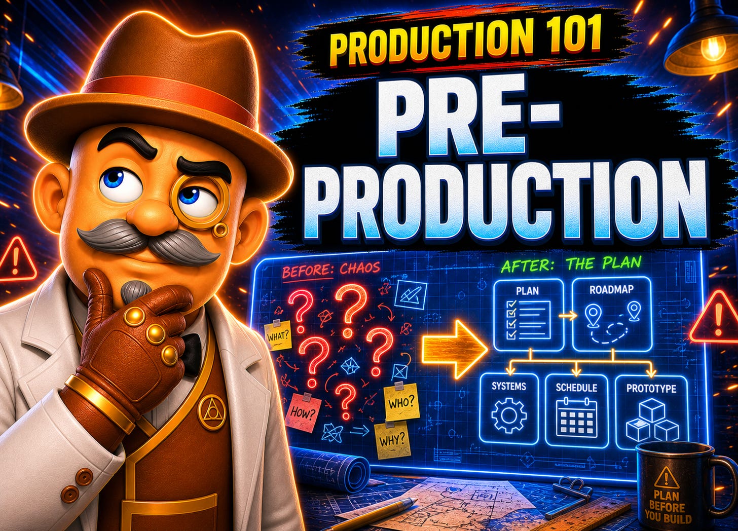 Pre-production thumbnail with thoughtful alchemist, blueprint board, question marks turning into production decisions. Pre-production thumbnail with thoughtful alchemist, blueprint board, question marks turning into production decisions.