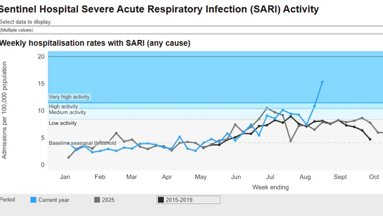 Severe acute respiratory infection (SARI) hospitalisations in greater Auckland hospitals, as tracked by PHF Science (the blue line). The rate in the week ending August 16 is the highest since the surveillance began in 2015, and influenza was the most commonly detected virus.