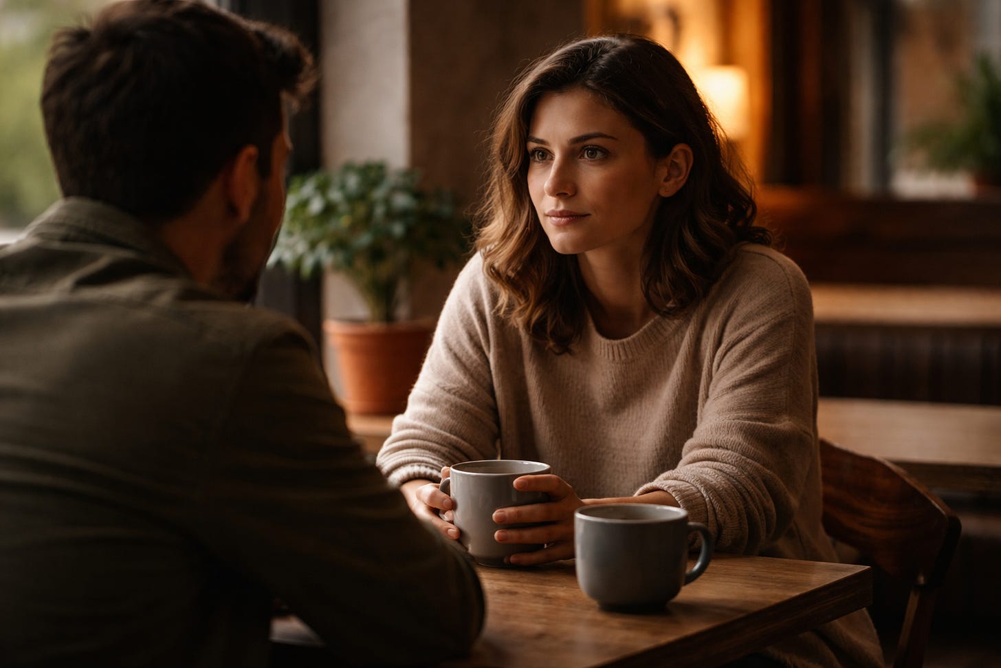 Two people sit across from each other at a café table in warm, soft light, sharing a quiet conversation with attentive expressions and a calm, emotionally present mood. Two people sit across from each other at a café table in warm, soft light, sharing a quiet conversation with attentive expressions and a calm, emotionally present mood.