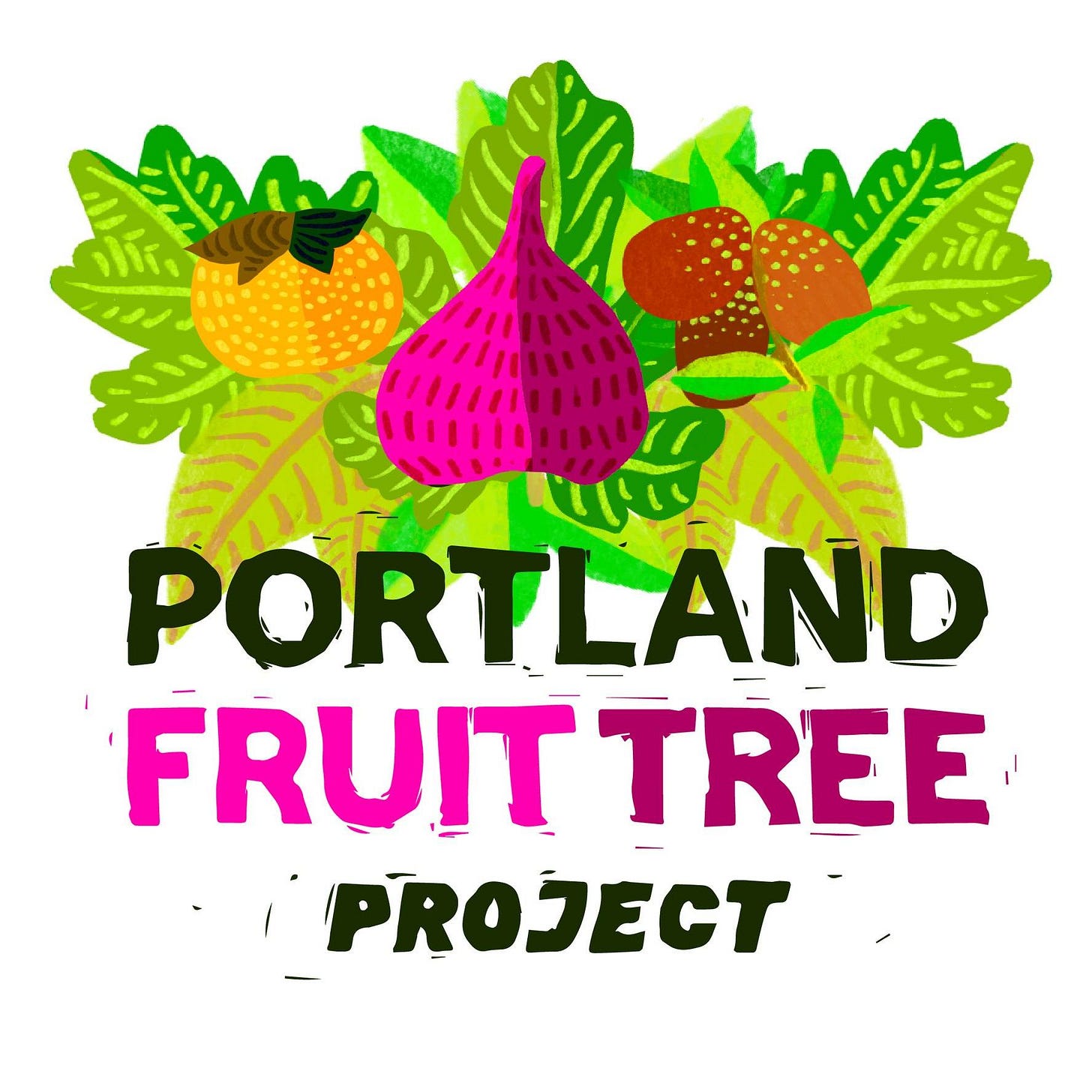 Painting of fruit and leaves with text Portland Fruit Tree
