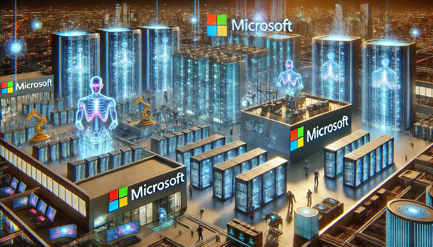 A 16:9 futuristic illustration showcasing Microsoft building massive AI data centers. The scene features a sprawling high-tech facility with glowing server racks, interconnected by vibrant data streams and holographic interfaces. The data centers are adorned with subtle Microsoft branding, with the logo illuminated on the buildings. Robotic systems and engineers are shown managing the infrastructure, emphasizing scale and innovation. The background includes a futuristic skyline, symbolizing technological dominance and advancement in AI infrastructure. The overall atmosphere conveys progress, efficiency, and cutting-edge technology.