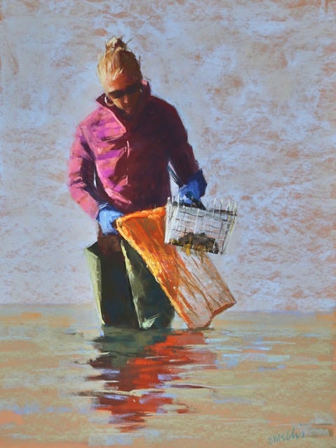 A person carrying shopping bags in water

Description automatically generated