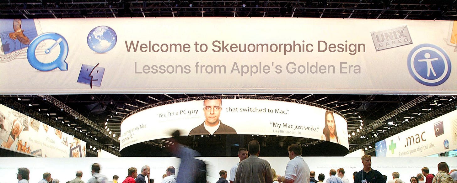 May be an image of 12 people and text that says 'Welcome to Skeuomorphic Design Lessons from Apple's Golden Era guy mdret hoto that switched I Mac." "My Mac just works." mac Extendyo'