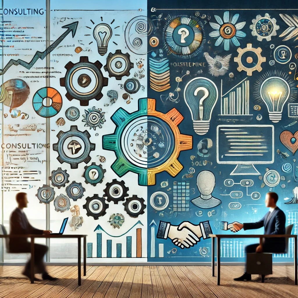 A visually striking illustration representing the consulting mindset in software development. The image features a balance between technical elements like code snippets, gears, and flowcharts on one side, and abstract symbols of communication and problem-solving on the other side (e.g., question marks, light bulbs, and handshake icons). The backdrop is a modern office setting, with a developer and a client collaborating at a desk surrounded by these symbols, illustrating teamwork, active listening, and solution-oriented thinking. The color palette is vibrant yet professional, with blues, greens, and subtle golds for a polished look.
