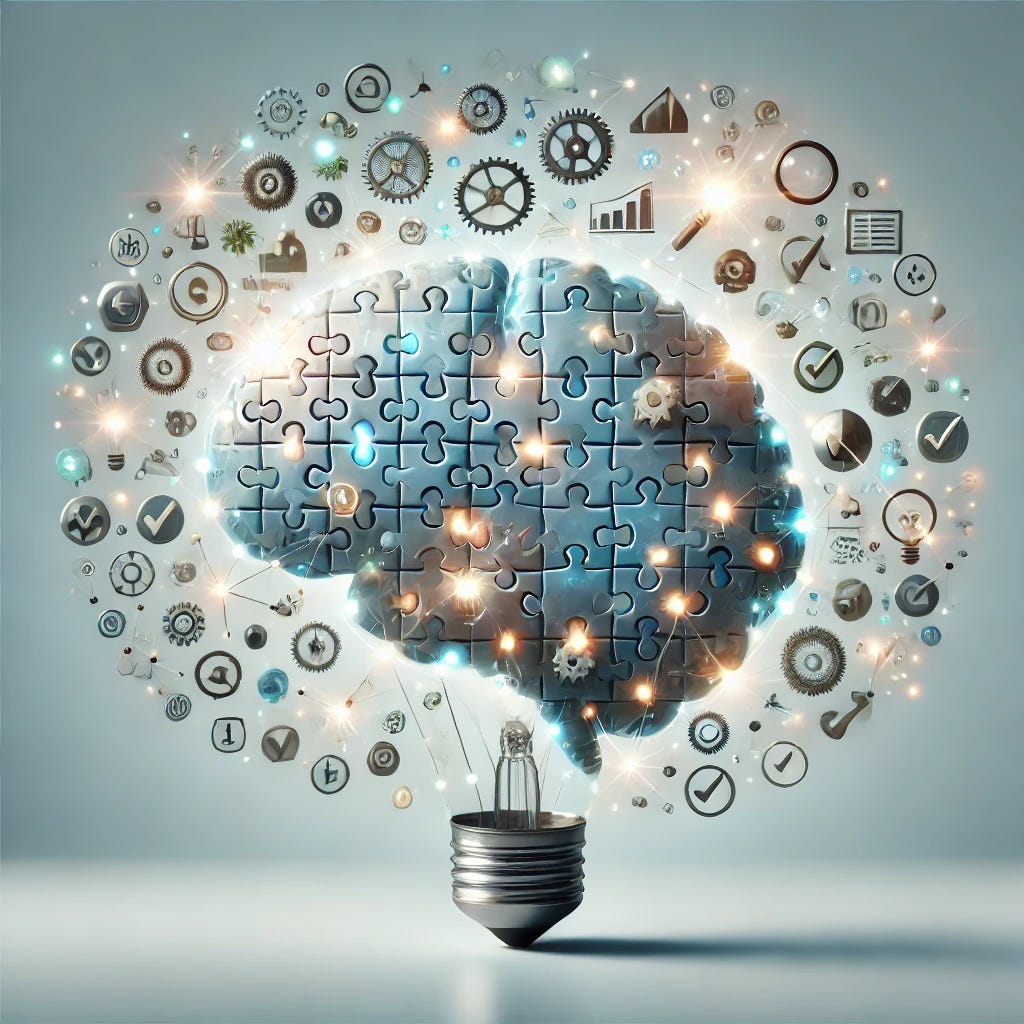 A conceptual visual representation of microlearning, without using any text or words. The image features a large human brain made of glowing puzzle pieces, with small, glowing icons or symbols (such as lightbulbs, gears, magnifying glasses, and checkmarks) floating around and connecting to it. Each symbol represents a small learning moment. The background is clean and minimal, with a modern, soft color palette—light blues, greens, and whites—to convey clarity and focus. The overall feel should be sleek, educational, and futuristic, emphasizing bite-sized knowledge building blocks coming together to form understanding.