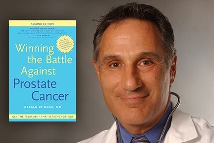 The YouTube profile photo of Gerald Chodak, MD next to his book Winning the Battle Against Prostate Cancer