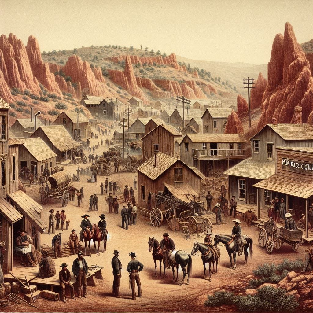 Thumbnail Image Red Rock Gulch, a mining town in the American Southwest in 1875. The town is near a large river tributary and has a fairly successful gold mine
