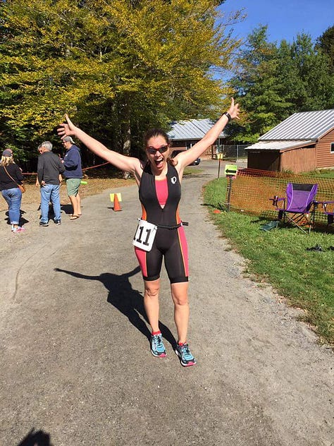 Three photos. Kate is on her road bike leaning low over the handlebars, a smile on her face. In the second, she's at the finish line of Colby Triathlon, her arms spread wide and a huge smile on her face. In the third, she's standing on the summit sign of Mt. Katahdin, hiking poles raised above her head and her mouth open from giving a giant woot yell.