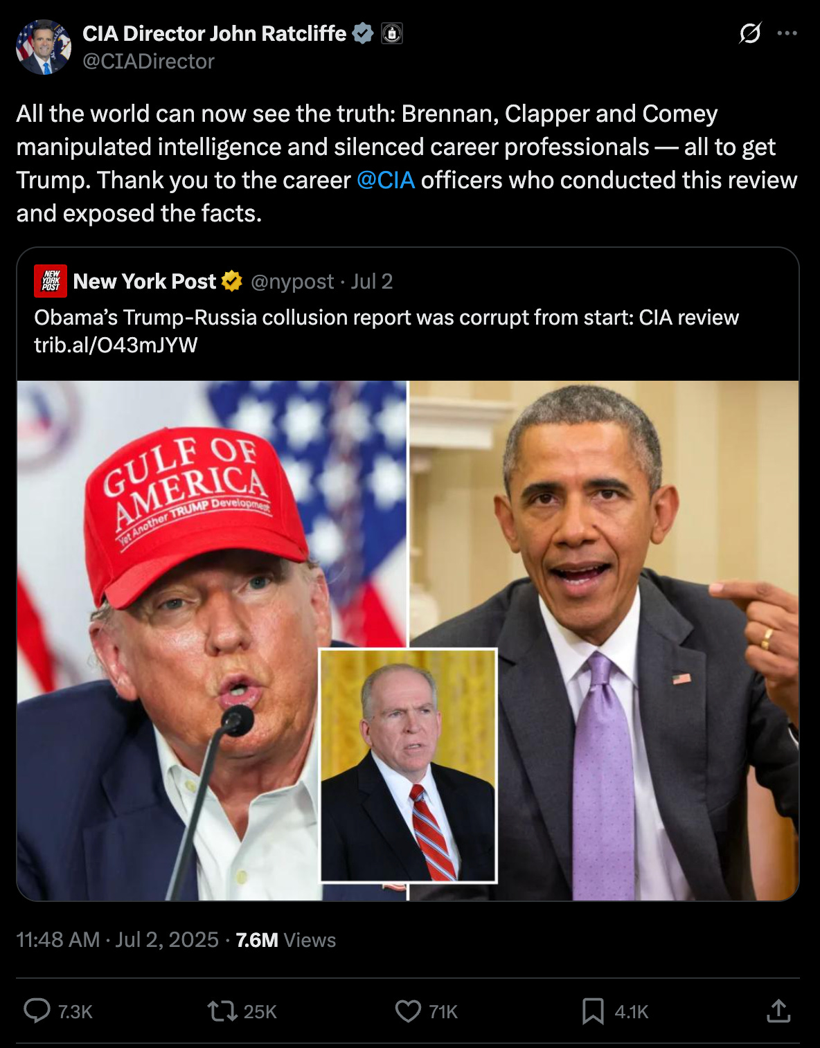 Ratcliffe: All the world can now see the truth: Brennan, Clapper and Comey manipulated intelligence and silenced career professionals — all to get Trump. Thank you to the career @CIA officers who conducted this review and exposed the facts. Ratcliffe: All the world can now see the truth: Brennan, Clapper and Comey manipulated intelligence and silenced career professionals — all to get Trump. Thank you to the career @CIA officers who conducted this review and exposed the facts.