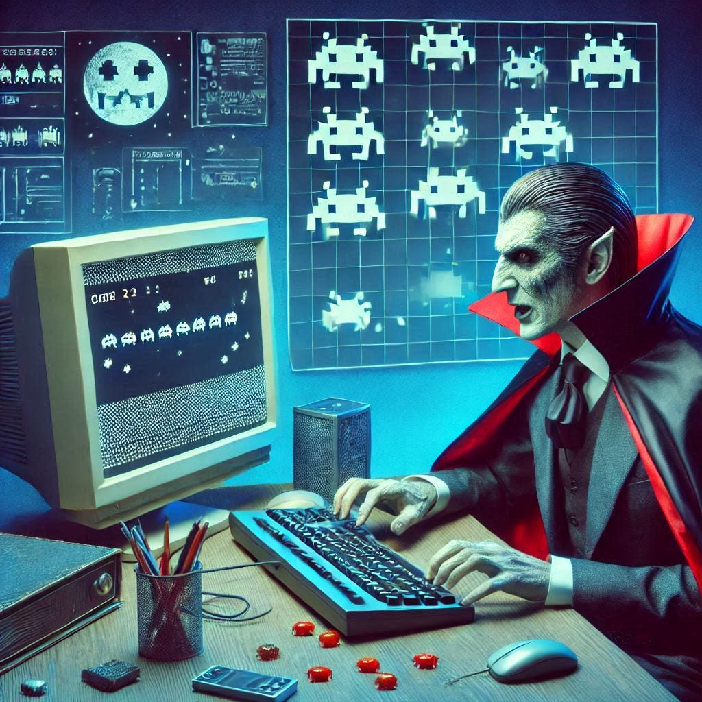 Count Dracula type vampire at a desk looking at a computer screen with Space Invaders and digitalisation