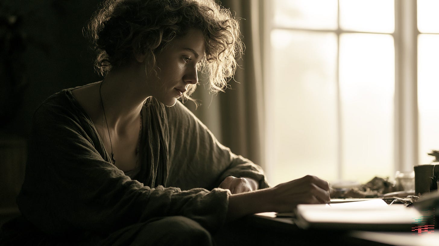 A writer sits quietly at a desk near a window, focused on the work in front of them as soft morning light fills the room with a sense of calm attention and reflection.