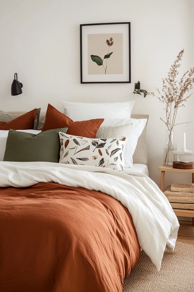 This may contain: a bed with orange and white pillows in a bedroom next to a wooden side table This may contain: a bed with orange and white pillows in a bedroom next to a wooden side table