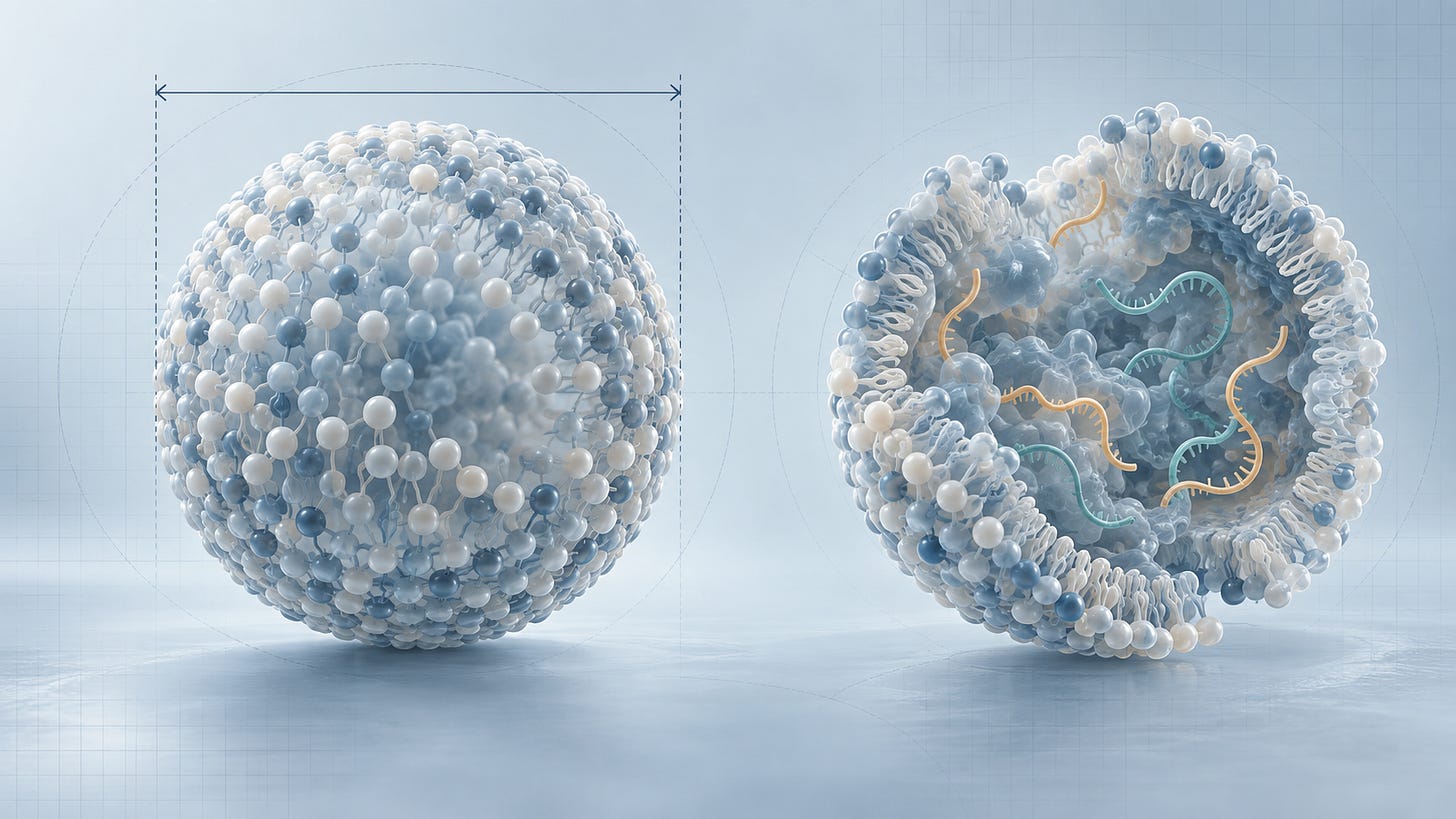 Two pale blue conceptual particles on a mist-blue drafting background; unnumbered diameter brackets mark the left view, and teal and amber single strands appear in the right cutaway. Two pale blue conceptual particles on a mist-blue drafting background; unnumbered diameter brackets mark the left view, and teal and amber single strands appear in the right cutaway.