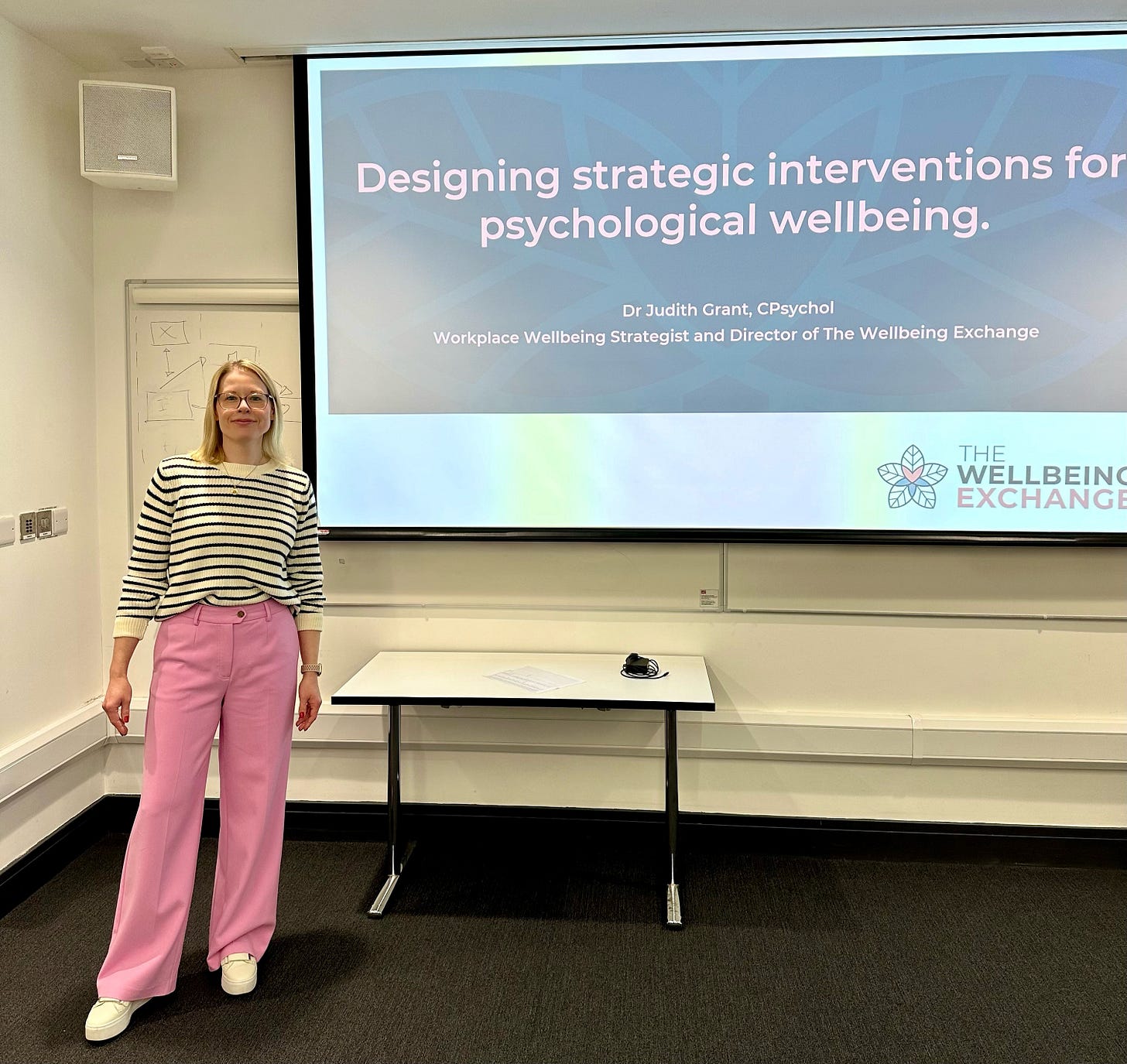 Dr Judith Grant stands in a lecture theatre in front of a screen with a power point presentation with the title "Designing strategic interventions for psychological wellbeing Dr Judith Grant CPsychol, Workplace wellbeing strategist and Director of The Wellbeing Exchange