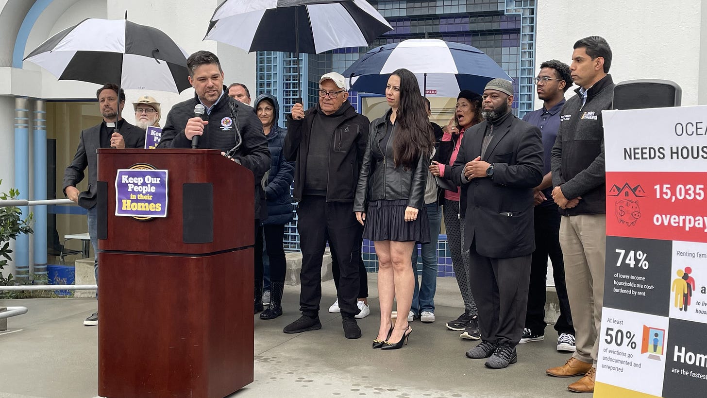 Oceanside Deputy Mayor Eric Joyce speaks during Monday’s press conference to announce a proposed tenant protection ordinance. He and Councilman Jimmy Figueroa, right, will bring the item to the City Council on April 9. Steve Puterski photo