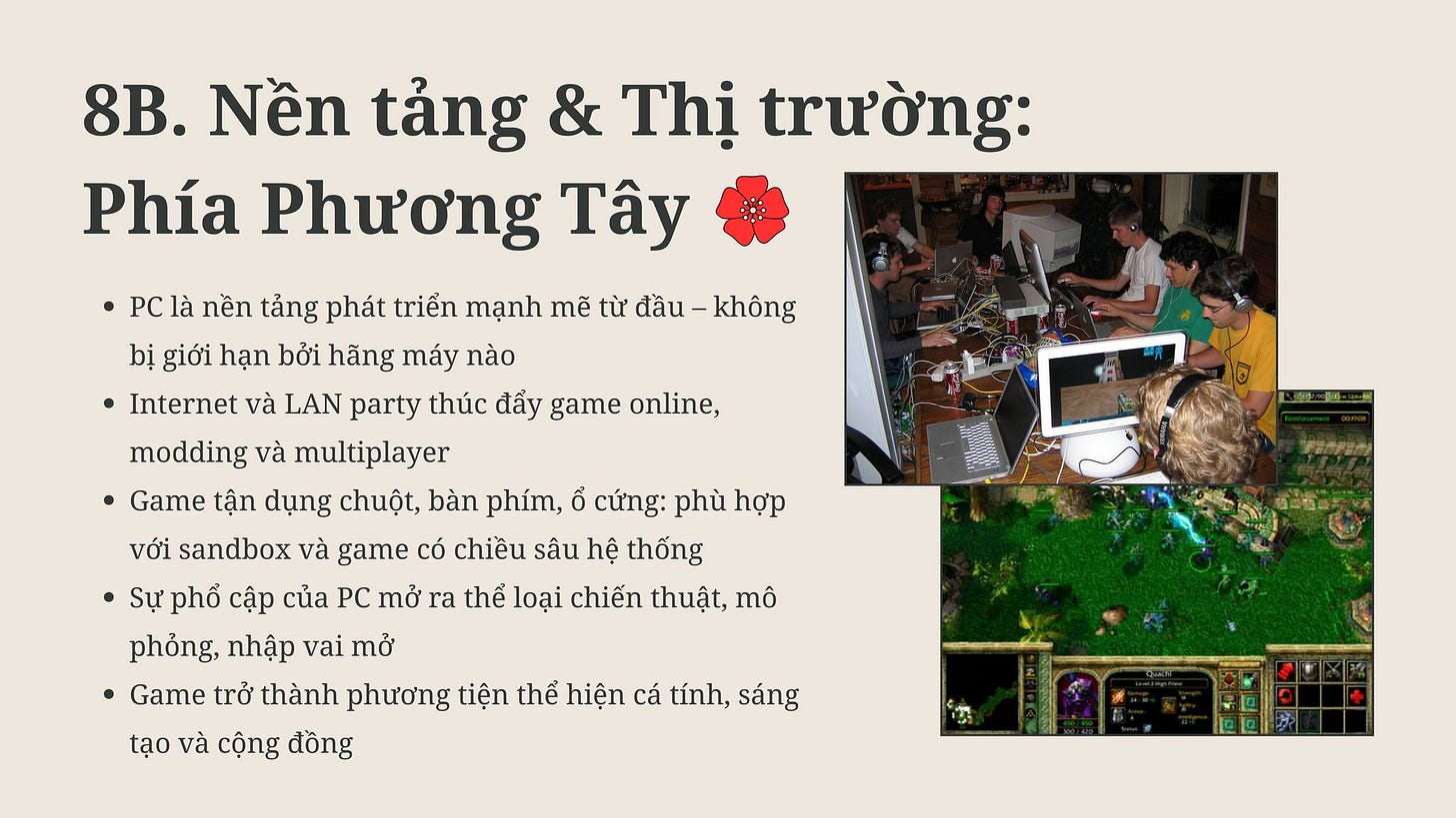 May be an image of 4 people and text that says '8B. Nền tảng & Thị trường: Phía Phương Tây PC là nền tảng phát triển mạnh mẽ từ đầu- không bị giới hạn bởi hãng máy nào Internet và LAN party thúc đấy game online, modding và multiplayer Game tận dụng chuột, bàn phím, Ổ cứng: phù hợp với sandbox và game có chiều sâu hệ thống Sự phố cập của PC mở ra thế loại chiến thuật, mô phỏng, nhập vai mở Game trở thành phương tiện thể hiện cá tính, sáng tạo và cộng đồng' May be an image of 4 people and text that says '8B. Nền tảng & Thị trường: Phía Phương Tây PC là nền tảng phát triển mạnh mẽ từ đầu- không bị giới hạn bởi hãng máy nào Internet và LAN party thúc đấy game online, modding và multiplayer Game tận dụng chuột, bàn phím, Ổ cứng: phù hợp với sandbox và game có chiều sâu hệ thống Sự phố cập của PC mở ra thế loại chiến thuật, mô phỏng, nhập vai mở Game trở thành phương tiện thể hiện cá tính, sáng tạo và cộng đồng'
