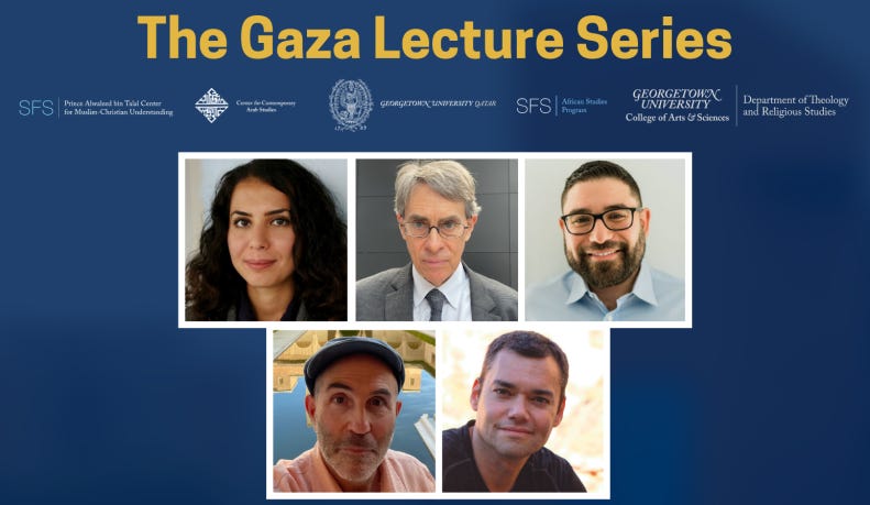 A Poster with Blue and Yellow accents of the Gaza Lecture series (Spring 2025) A Poster with Blue and Yellow accents of the Gaza Lecture series (Spring 2025)