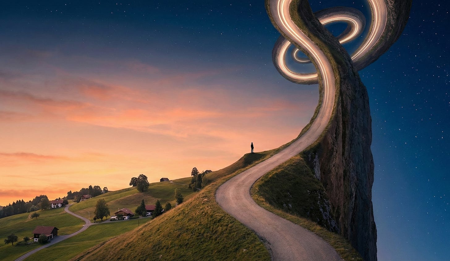 An exponential curve becoming landscape, steepening beyond vertical into folded spacetime, with a figure at the inflection point gazing upward.