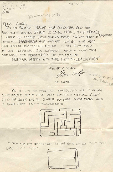 A detailed three=page letter from a young boy excitedly explaining how he found the Easter Egg in Adventure, complete with crude drawing of the place in the catacombs when he found the hidden dot and what he discovered in the secret room.