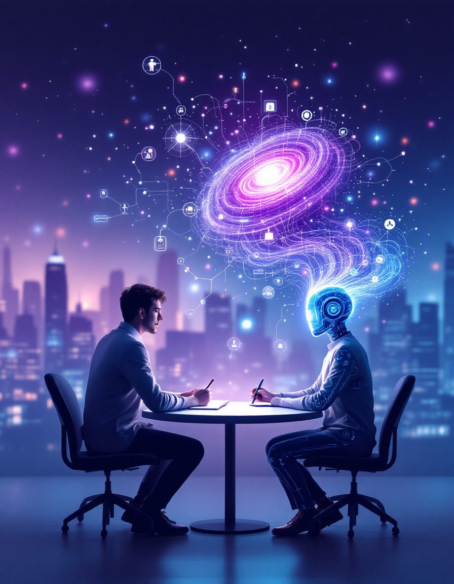 Conceptual visualization of AI collaboration, human and AI working together, creative process, abstract representation of ideas flowing
