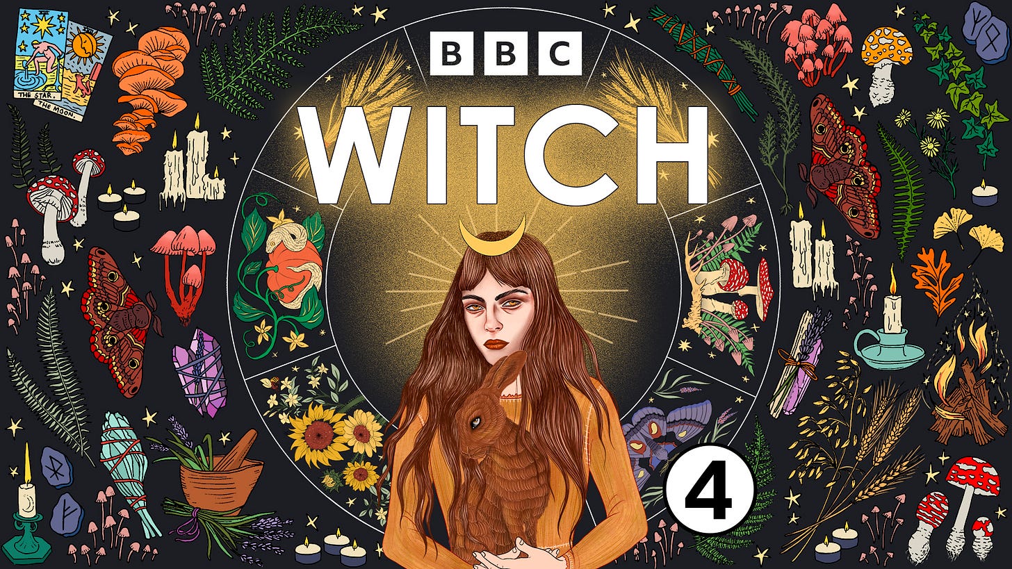 Artwork van Witch. Het is een prachtige illustratie met een vrouw met lang donker haar in het midden die een konijn vasthoudt. Er omheen allemaal dingen uit de natuur: vlinders, paddestoelen, bloemen en de maan. Bovenaan het logo van BBC en de titel, onderaan rechts het logo van BBC radio 4.