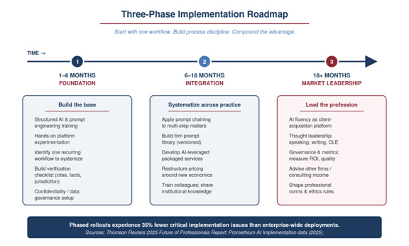 Timeline roadmap titled "Three-Phase Implementation Roadmap" with three phases along a left-to-right arrow. Phase 1 (1–6 months): Foundation — build the base with prompt engineering training, platform experimentation, and verification checklists. Phase 2 (6–18 months): Integration — systematize across practice with prompt chaining, firm libraries, and AI-leveraged services. Phase 3 (18+ months): Market Leadership — lead the profession through thought leadership, governance metrics, and advising other firms. A footer notes phased rollouts experience 35% fewer critical implementation issues than enterprise-wide deployments. Timeline roadmap titled "Three-Phase Implementation Roadmap" with three phases along a left-to-right arrow. Phase 1 (1–6 months): Foundation — build the base with prompt engineering training, platform experimentation, and verification checklists. Phase 2 (6–18 months): Integration — systematize across practice with prompt chaining, firm libraries, and AI-leveraged services. Phase 3 (18+ months): Market Leadership — lead the profession through thought leadership, governance metrics, and advising other firms. A footer notes phased rollouts experience 35% fewer critical implementation issues than enterprise-wide deployments.