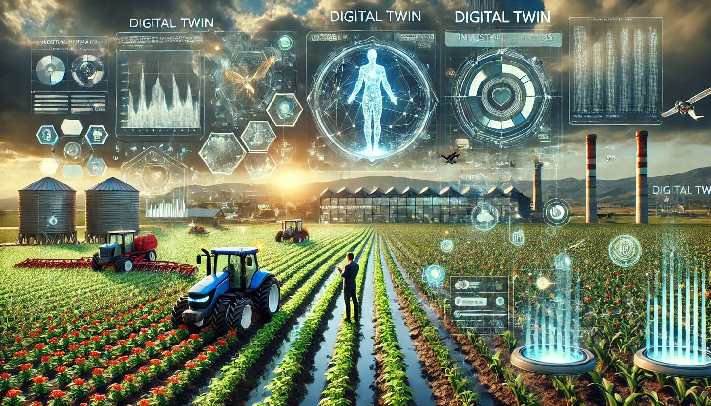 A futuristic agricultural landscape featuring digital twin technology. Holographic interfaces display data on crop health, soil quality, and climate predictions. A farmer wearing smart glasses analyzes real-time farm analytics, while autonomous tractors and drones optimize the fields. In the background, an advanced agritech control center processes vast amounts of agricultural data, symbolizing the next wave of investment opportunities in digital twin farming. The setting is dynamic, highlighting innovation and urgency in agtech investing.
