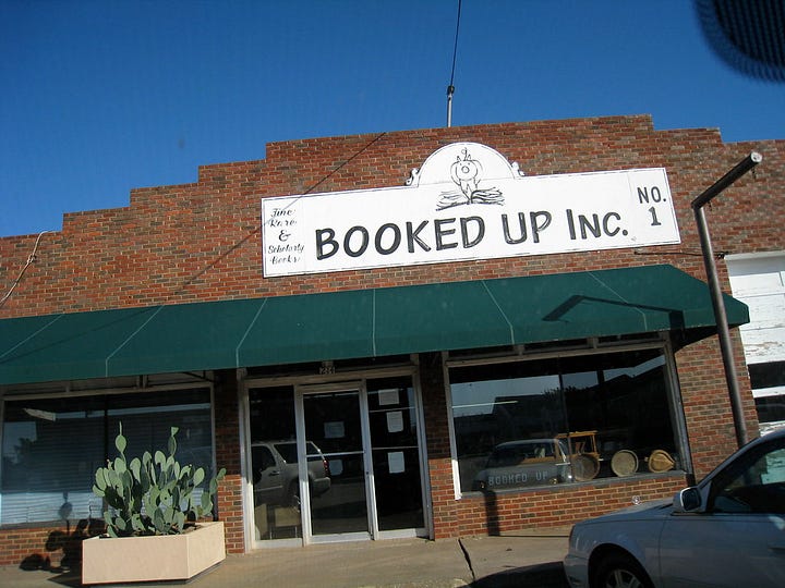 left - a brick building with a sign reading "Booked Up Inc." Right - floor-to-ceiling shelves filled with books