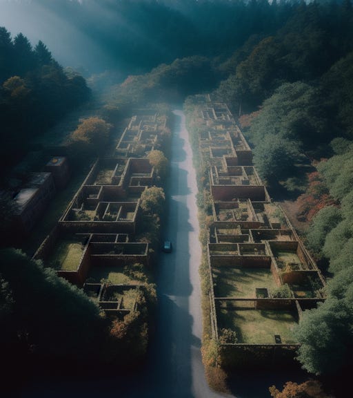 Bird's eye view of a neighborhood where all of the houses have no roof, creating two rows of mazes