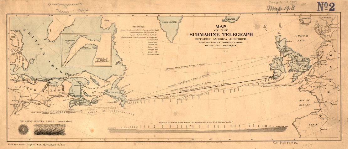 A map showing the first telegraph cable laid across the Atlantic between the US and UK. 