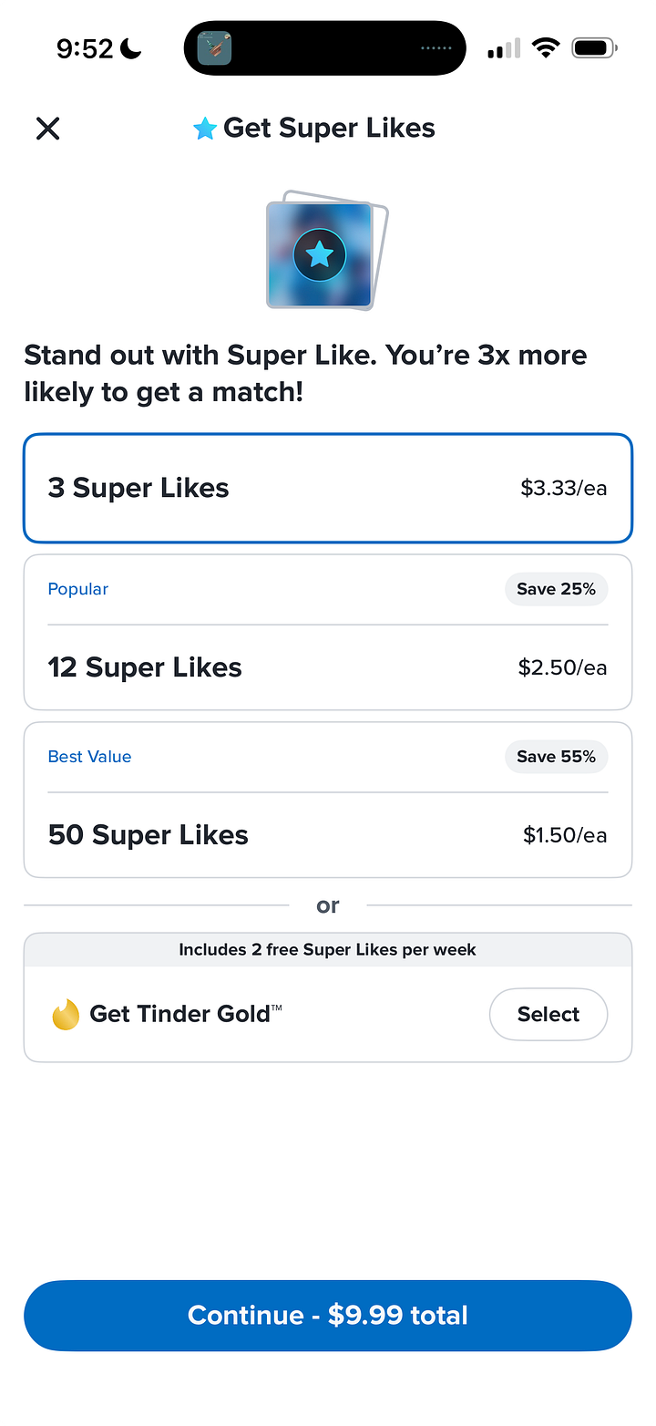 Screenshots of "Super Like" monetization features: Hinge’s Roses, Bumble’s SuperSwipes, and Tinder’s Super Likes. The images show pricing tiers and marketing copy promising users they will "stand out" and bypass the standard match queue.