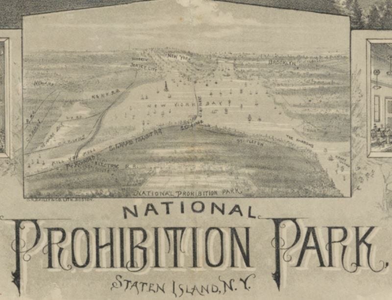 A historic sketch of an area in and around New York City. At the front is a neighborhood with the words National Prohibition Park, Staten Island, NY written underneath.