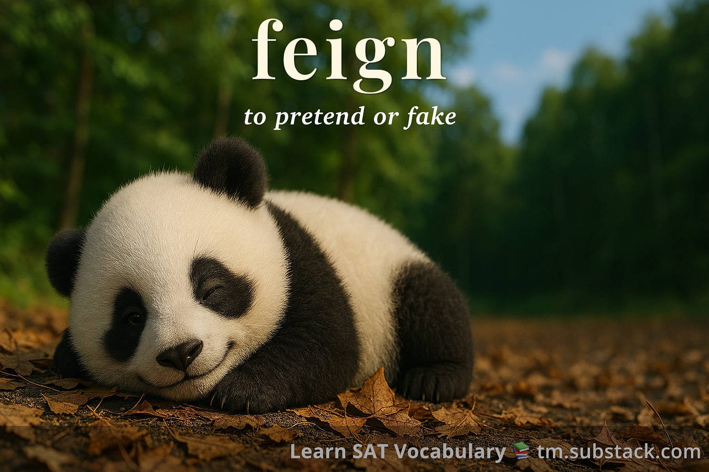 Illustration of a panda pretending to be asleep; used to illustrate the SAT word 'feign'.