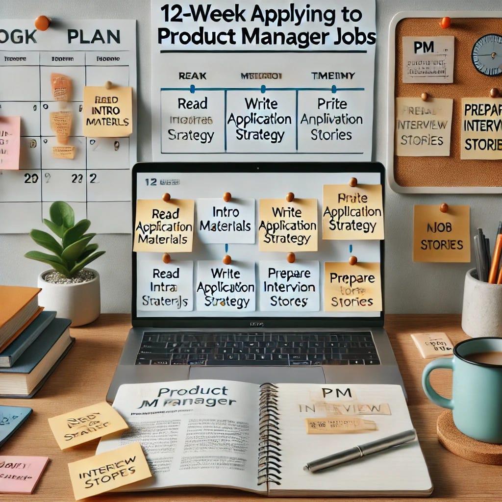 A header image for a blog post detailing a 12-week plan for applying to Product Manager jobs. The image shows a clean, organized workspace with a laptop open to a job application website, a notebook with a detailed plan and timeline, a cup of coffee, and sticky notes with key points like 'Read intro materials', 'Write application strategy', and 'Prepare interview stories'. The background includes motivational elements such as a wall calendar marked with the 12-week timeline, a bulletin board with pinned job alerts, and a bookshelf with PM interview prep books. The overall vibe is professional, structured, and focused.