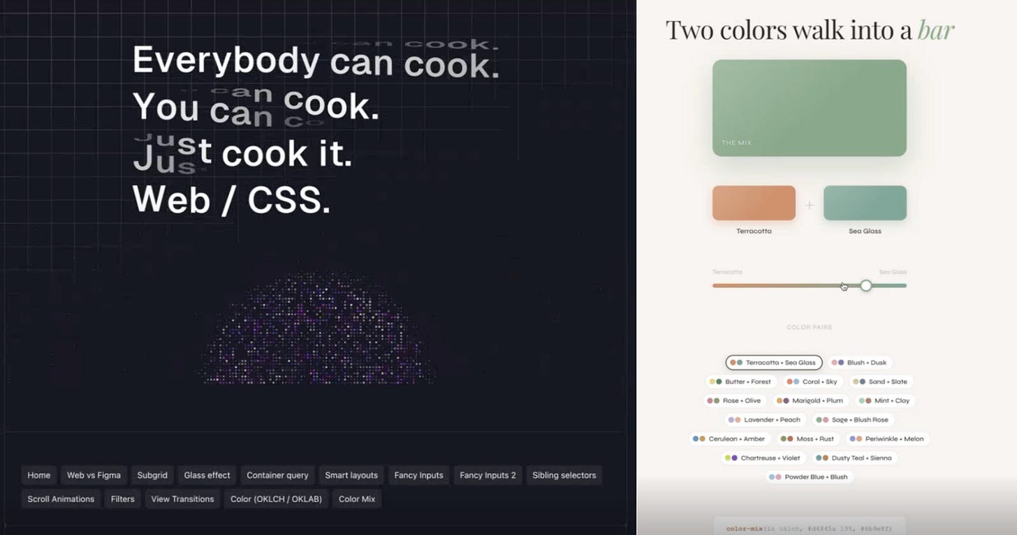 A split-screen desktop screenshot showing advanced CSS web development demos. The left side has a dark grid background featuring typography animations with the phrases "Everybody can cook," "You can cook," and "Just cook it. Web / CSS." Below the text is an interactive grid of navigation buttons including "Subgrid," "View Transitions," and "Color Mix." The right side shows a light-themed interactive UI titled "Two colors walk into a bar," demonstrating a live color-mixing tool with sliders blending "Terracotta" and "Sea Glass" hues. A split-screen desktop screenshot showing advanced CSS web development demos. The left side has a dark grid background featuring typography animations with the phrases "Everybody can cook," "You can cook," and "Just cook it. Web / CSS." Below the text is an interactive grid of navigation buttons including "Subgrid," "View Transitions," and "Color Mix." The right side shows a light-themed interactive UI titled "Two colors walk into a bar," demonstrating a live color-mixing tool with sliders blending "Terracotta" and "Sea Glass" hues.