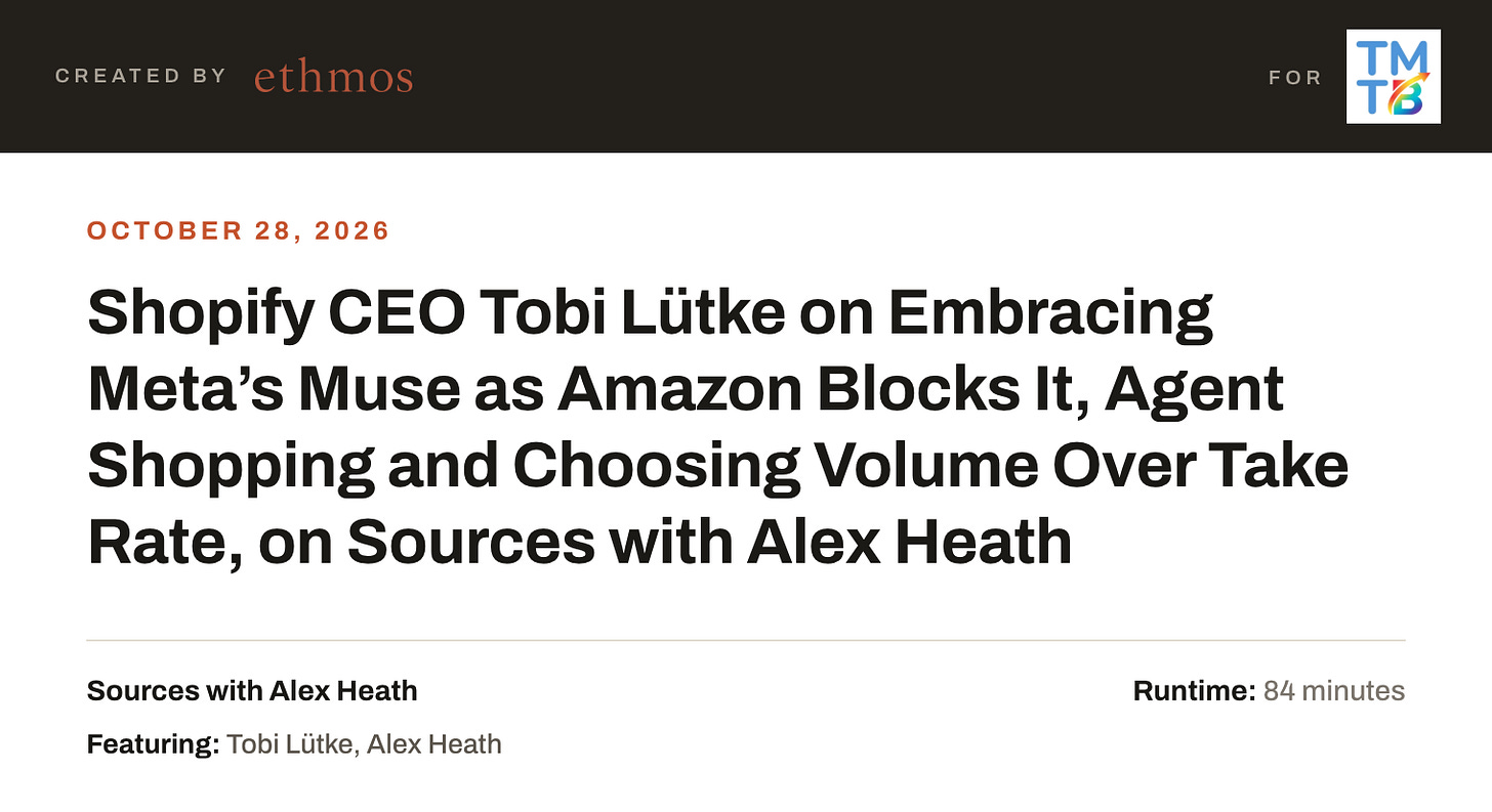 Shopify CEO Tobi Lütke on Embracing Meta’s Muse as Amazon Blocks It, Agent Shopping and Choosing Volume Over Take Rate, on Sources with Alex Heath Shopify CEO Tobi Lütke on Embracing Meta’s Muse as Amazon Blocks It, Agent Shopping and Choosing Volume Over Take Rate, on Sources with Alex Heath