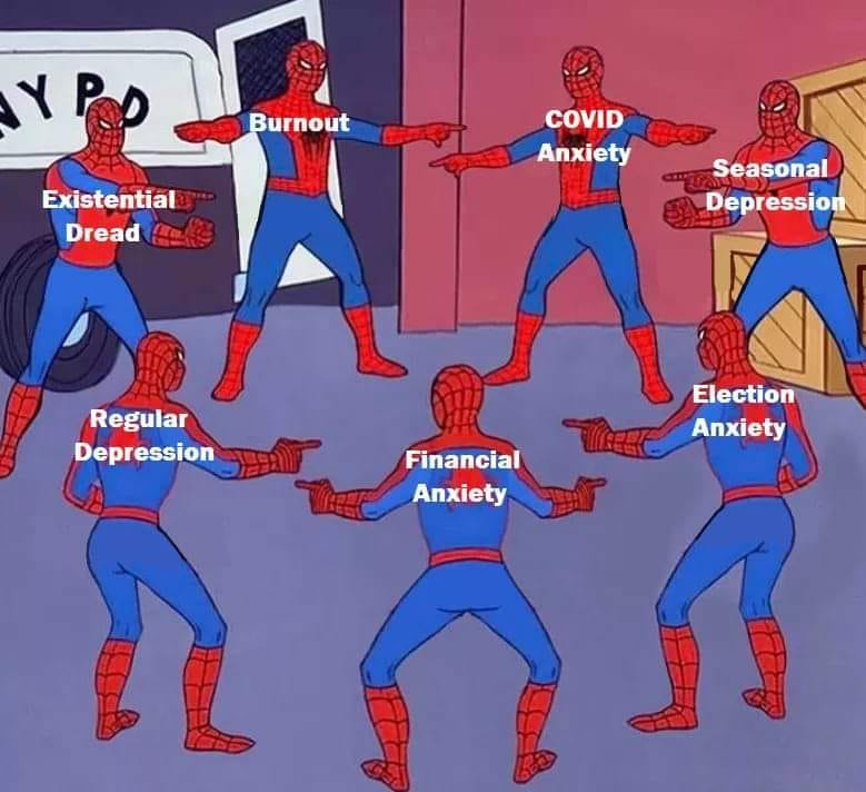 My brain has definitely become the Spider-Man depression meme.