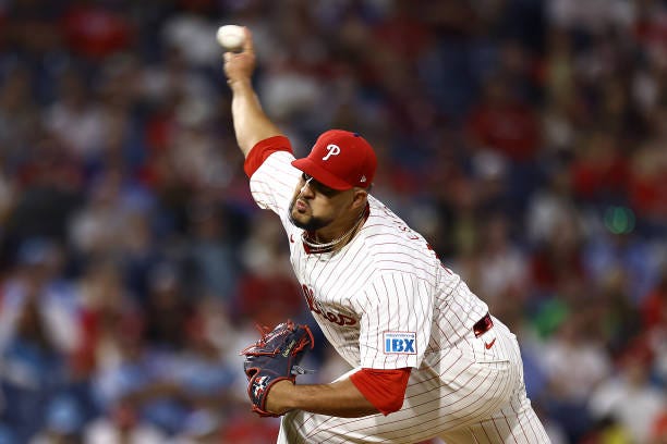 Carlos Estévez of the Philadelphia Phillies pitches during the ninth inning against the Tampa Bay Rays at Citizens Bank Park on September 11, 2024 in...