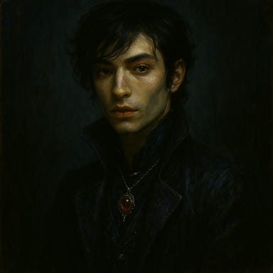 Create a dark fantasy portrait of Escher based on his defined visual palette. Show an androgynously elegant figure with sharp cheekbones, a narrow jaw, and intense, liquid-dark eyes that shift between mischief and melancholy. His hair is dark, tousled, and slightly wild, falling into his eyes. His clothing should feature iridescent blacks, deep garnet accents, mercury-silver jewelry, and bruised-purple velvet textures. Include high collars, asymmetrical cuts, and fabrics that move like smoke. The atmosphere should feel magnetic and dangerous, with moonlit stained-glass hues and candlelight glinting off metallic threads. His expression should be enigmatic—half invitation, half warning.