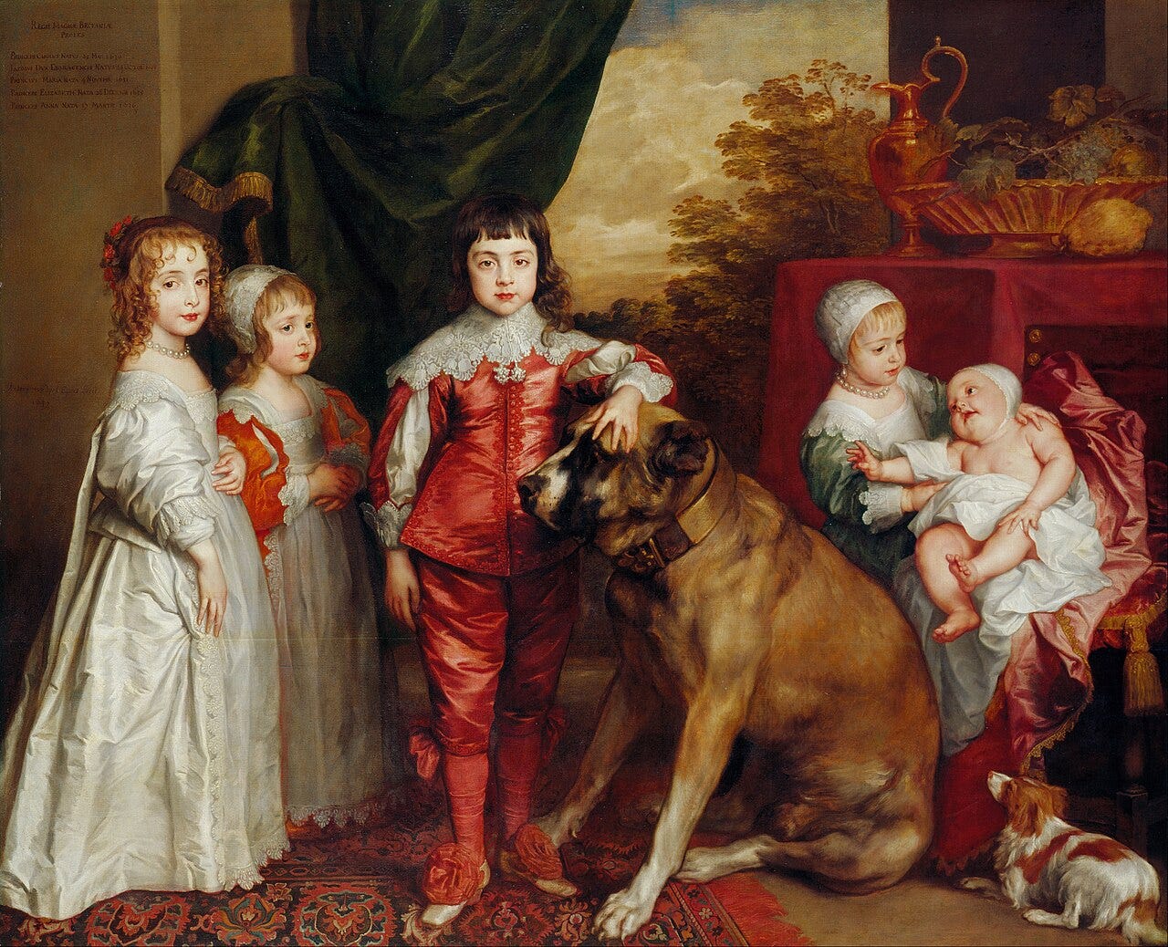 Five royal children pose together with a huge mastiff dog in a grand setting Five royal children pose together with a huge mastiff dog in a grand setting