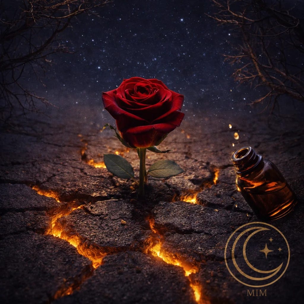 MoonInMental aromatherapy image for Pluto conjunction week January 2026. Rose emerging from cracked earth with golden light, amber essential oil bottle, and cedar branches representing transformation and nervous system support.