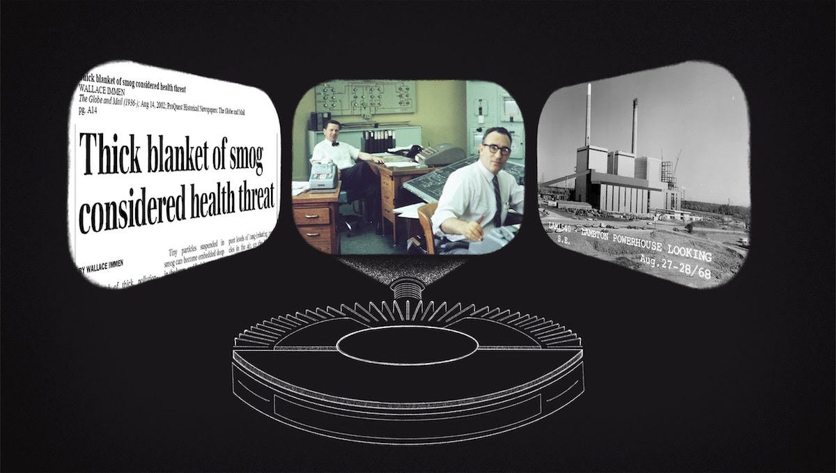 Illustration of a slide projector displaying three archival images: a newspaper article, two men in an office space, a power plant Illustration of a slide projector displaying three archival images: a newspaper article, two men in an office space, a power plant