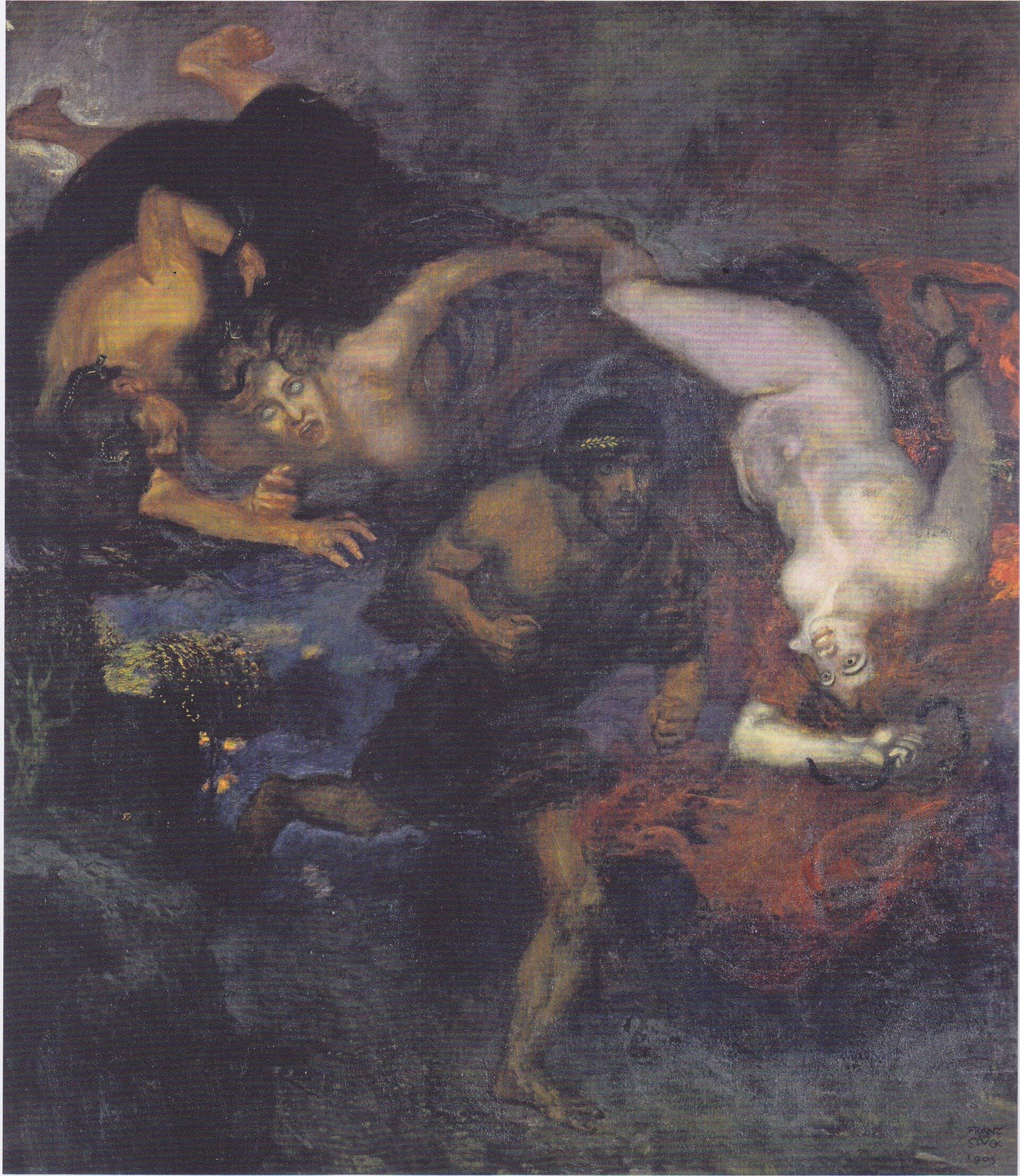 A bearded man crowned with laurel runs toward the viewer with clenched fists, while three women tumble through the dark air around him, one upside down with red hair and a snake in her hand.
