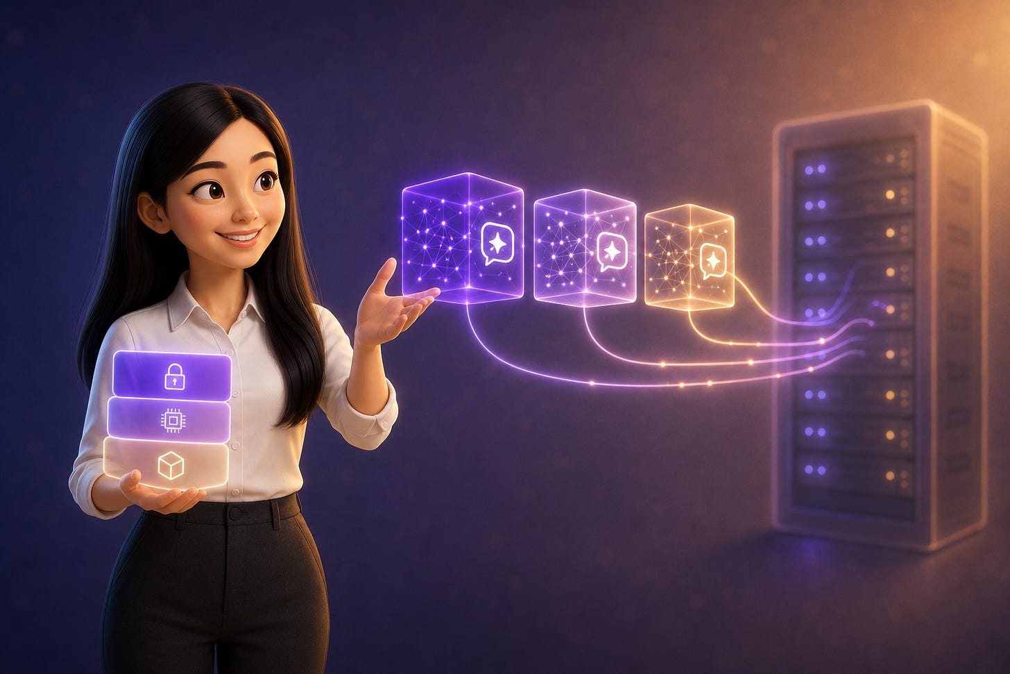 Pixar-style 3D illustration of Jenny Ouyang holding a glowing three-layer panel (license, host, model) and weighing a row of three glowing language-model cubes, each showing a neural-network mesh, beside a softer server rack, representing how to choose an open-source LLM, its license, and its host.