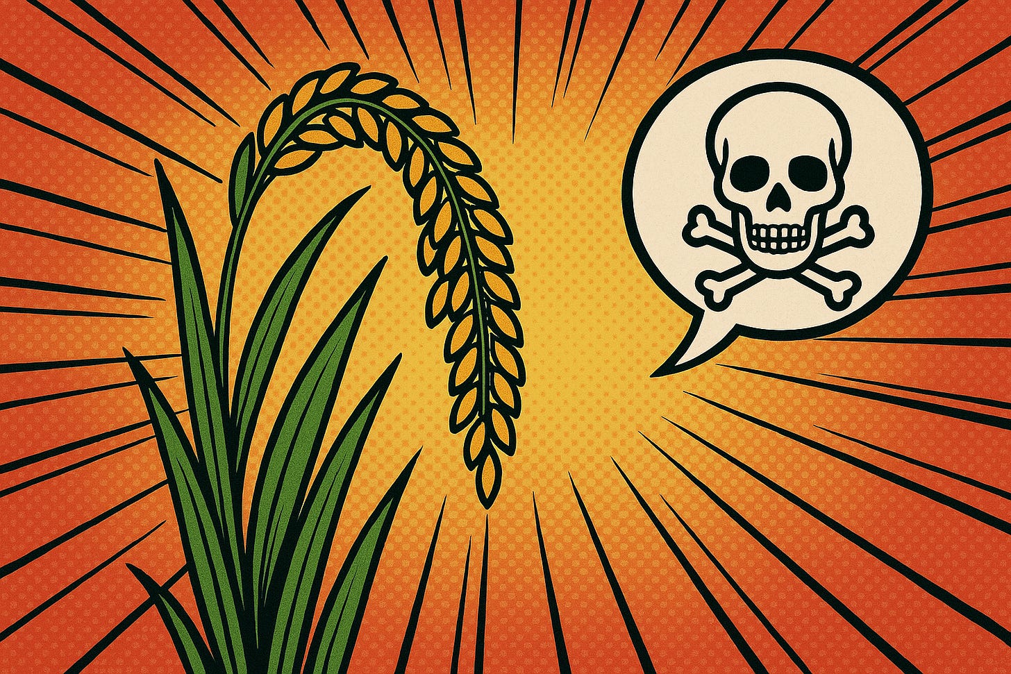 A cartoon rice plant, with a speech bubble containing a skull and crossbones coming from it.