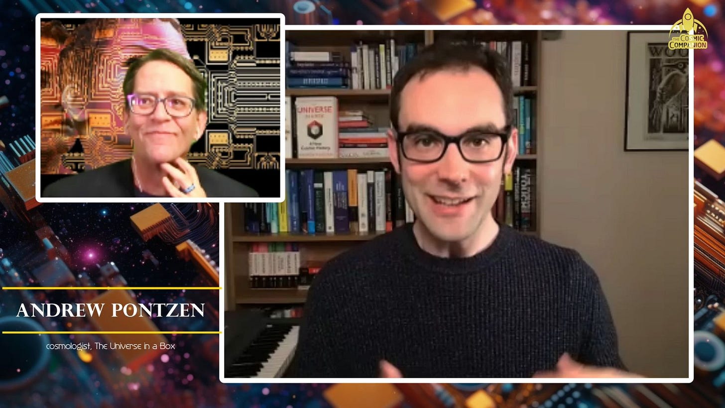 Andrew Pontzen and James Maynard talk in two video windows. The background shows a cartoon of a circuit board in space. Andrew Pontzen and James Maynard talk in two video windows. The background shows a cartoon of a circuit board in space.