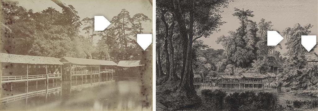 1860s photo and painting of Jūnisō Pond in Shinjuku, Tokyo