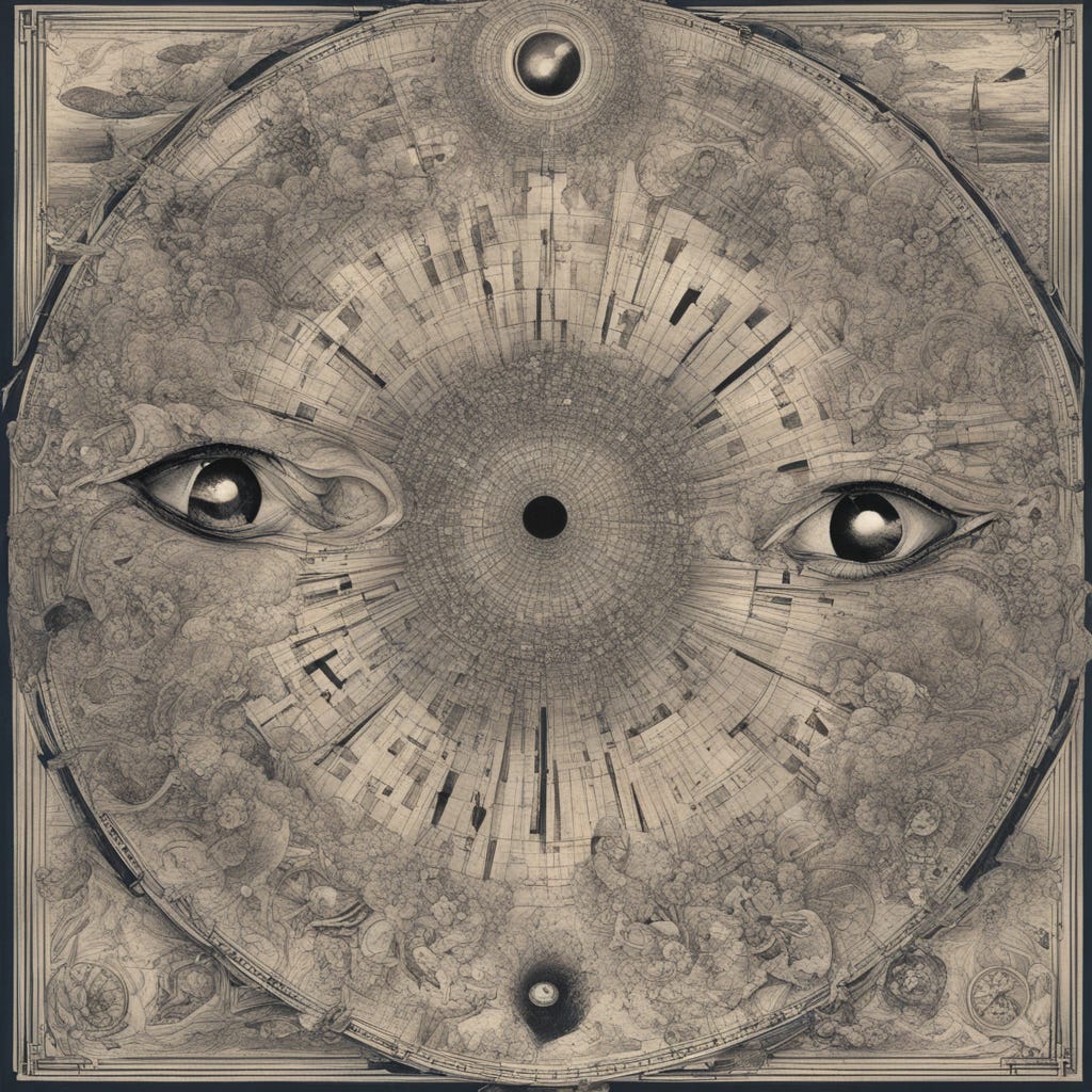 A circle that might be a tree cross section or a map with two eyes on the sides, a globe on top, and some indecipherable object near the bottom. A fantasmagoria of subtle swirling animals, people, and scenes fills much of the rest of the circle, as well as the corners of the image beyond the circle. 